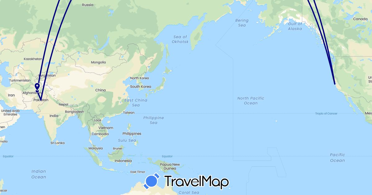 TravelMap itinerary: driving in Afghanistan, Pakistan, United States (Asia, North America)